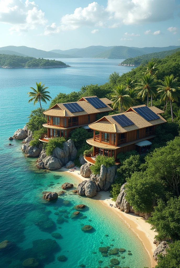 make a typhoon-proof hotel located in an Biri, Northern Samar island that consist 6 rooms with sepated balcony each overlooking the ocean. the rooms are not typical. it should be design aesthetically with a touch of nature and environment-sustainble. has a wide yard and a pool. uses solar panels for sustainability.
also make a function hall along with it that consist a small kiosk for handcrafted souvenir items and a mini bar.