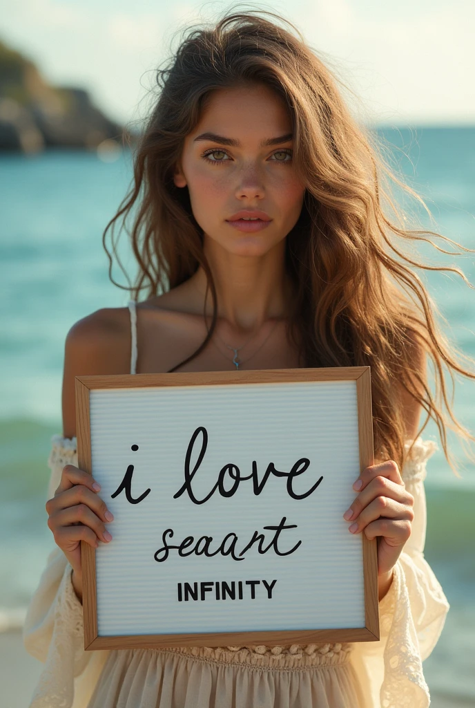 Beautiful girl with wavy long hair, bohemian dress, holding a white board with text "I Love Seaart Infinity" and showing it to the viewer
