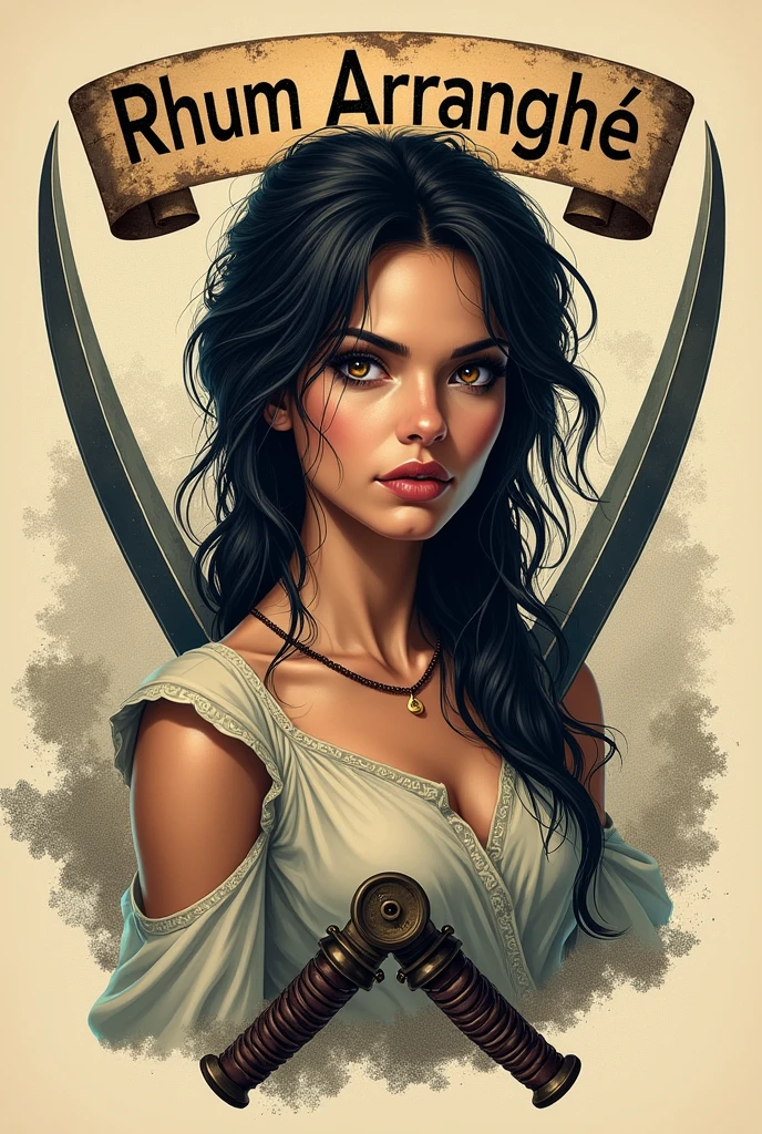 An old label with a sexy female pirate head and two sabers with a rhum arrangé banner at the top
