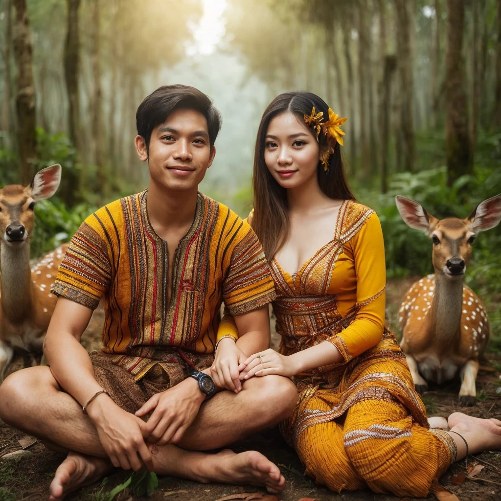pasangan muda suku Dayak West Kalimantan usia 20 yang memakai pakaian adat suku Dayak asli dan dari bahan tenunan asli khas suku Dayak, golden yellow, knee length short skirt, West Kalimantan, sitting side by side, in the middle of the forest, very detailed followed by 2 deer next to the woman, thin smile 8k