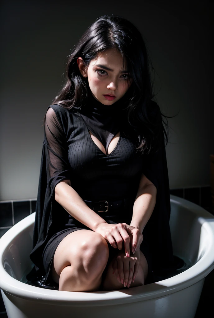 (masterpiece, top quality, best quality, official art, beautiful and aesthetic:1.2), (black and white:1.5), a pale girl with white skin, long hair flowing, black hair, in a giant tub of black liquid filled up to her face, staring intensely into camera, in a dark bathroom, oil painting:1.5, gloomy, holy, dark background, black background, a dark shadow behind, front view