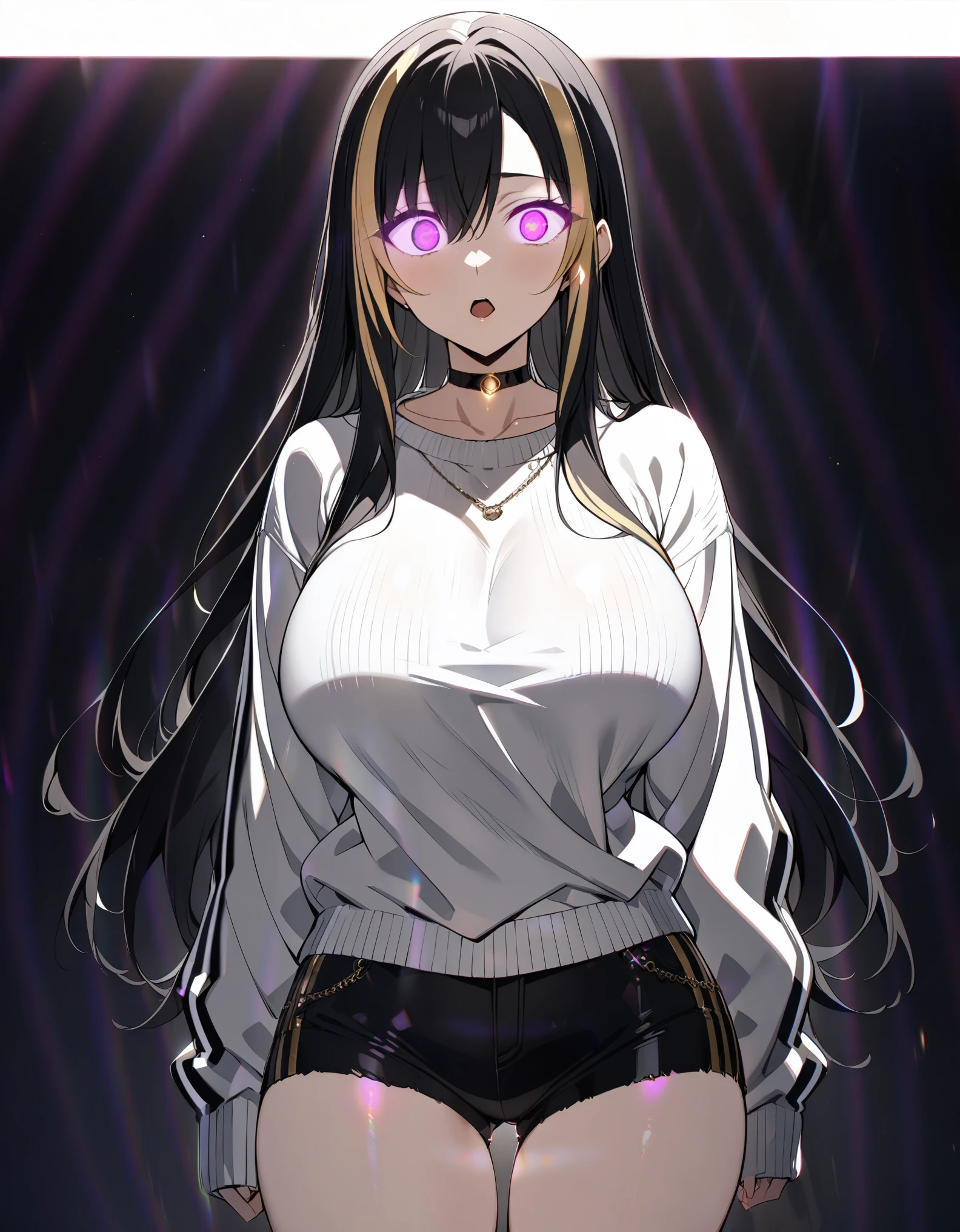 score_9, score_8_superior, score_7_superior_anime, Highest quality, No correction,1 person, Black Hair, Black and Gold ,((streaked hair)), highlights hair,Long Hair, hair over one eye,  choker,(( 立ちsuperiorがる,View your viewers)), Cowboy Shot, ((sweater coordination, hot pants)), (Surprised face, hypno wave, glowing eyes), ((big breasts 1.8)), Cowboy Shot, darkness, faint light, low contrast, 