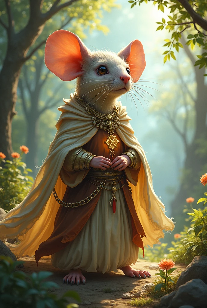 A Pathfinder-style Ratfolk of the Priest class with the aim of vivifying Desna with light chainmail and leather.
