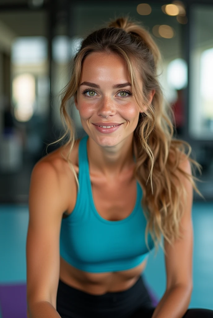Create an ultra-detailed portrait of a young woman in her mid-20s with an adventurous and active personality. She has sun-kissed, lightly tanned skin, with a few freckles across her nose and cheeks, suggesting an outdoor lifestyle. Her eyes are bright green, full of energy and curiosity, with long, thick eyelashes. In a modern gym setting. She is wearing a stylish, form-fitting workout outfit consisting of a bright blue sports bra and black leggings. She is performing a yoga pose on a mat, showcasing her fit physique and strength. Her face reflects concentration and determination, with her bright green eyes focused and her slightly wavy, light brown hair pulled back into a ponytail. 