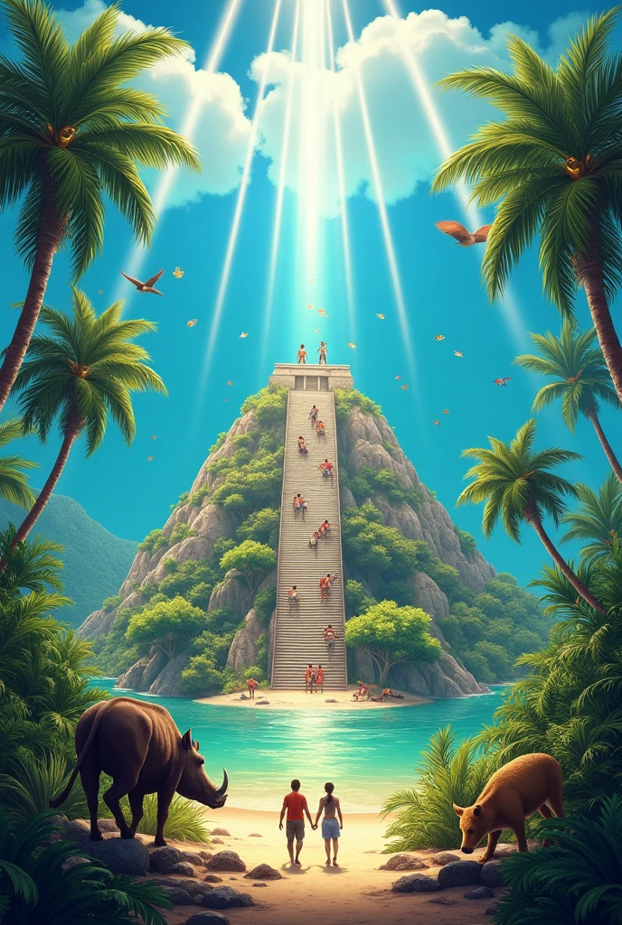 Make me a picture with a sea and only 11 fish in it, palm trees and gum trees on the sides and in the middle a large pyramid and at the top are Gonzalo Guerrero and Za'zil and on each step there are fishermen and more people. Also that next to the trees there is a wild boar and a jaguar. And there are only eleven rays of sunlight coming out of the pyramid. All this representing Quintana Roo