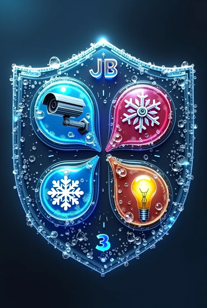 game type with a rotating shield like drops of water divided into 4 drops, one with security camera, a snowflake, an electric lamp, two jb tools must be between the letters
