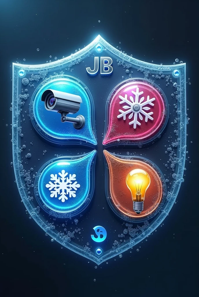 game type with a rotating shield like drops of water divided into 4 drops, one with security camera, a snowflake, an electric lamp, two jb tools must be between the letters
