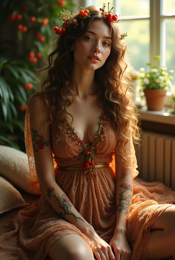 (photorealism:1.2), beautiful woman, wearing clothes made of berries and mushrooms, long curly hair, indoors, soft lighting, plants in the background, window with sunlight, cosy room, relaxed pose, realistic, intricate details, warm colours, by Greg Rutkowski, Alphonse Mucha