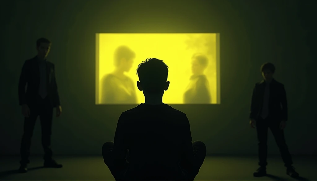A young person, 20 old, sitting alone in a pitch-black room, bathed in the cold, yellow glow of a screen. On the screen are blurred, indecipherable images, symbolizing the distortion sexual. The figure’s expression is lost in a trance, with faint shadowy and maligns figures lurking in the background, representing spiritual corruption. The room feels isolated, with the yellow light as the only source, adding to the oppressive atmosphere. Wide shot, moody lighting, sinister tones. (landscape)