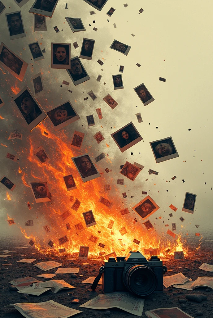Generates an image of photographs falling to the ground while on fire with a camera with a broken lens lying on the ground. The falling photographs show nothing but a very blurry black and white background... illustrated