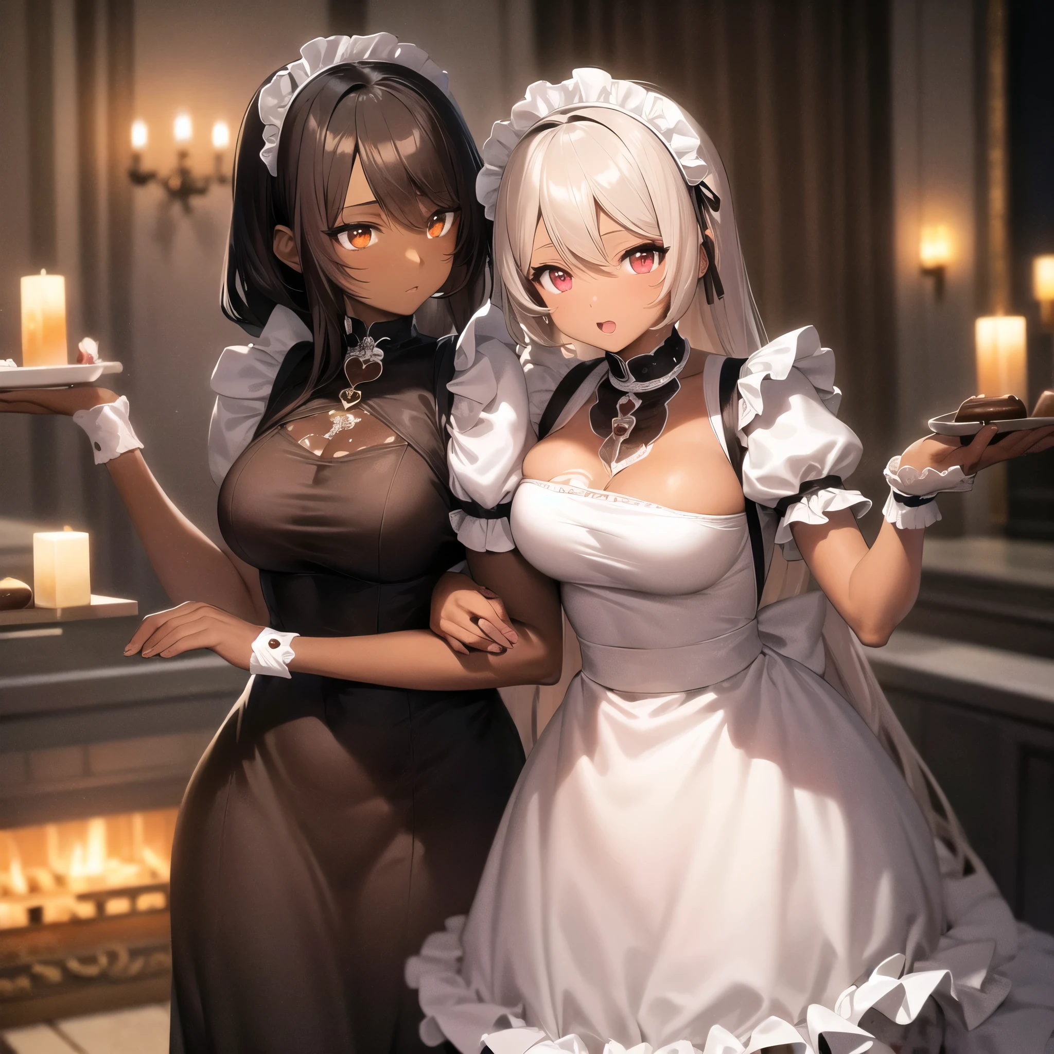 anime,chocolate dark-skinned female,wearing a maid outfit,Eye color is amber,are twins,Background inside the mansion,The composition is stylish,cute heart effect