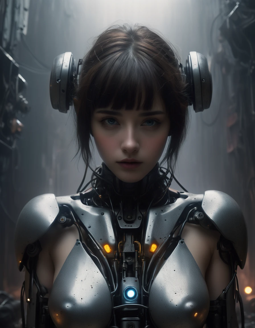 An android girl, a robot girl, her body parts are robotic, only her face looks like a human, the rest of her body is pieces of rusty, dented metal, an atmosphere of hopelessness emanates, a foggy screen, her face does not express anything, only an exorbitant emptiness - the one on  what a robot is capable of, gray tones, the atmosphere of the movie "Blade Runner 2049", looking down at us, bottom angle, [full body], anime style, full body, we can see the whole body
