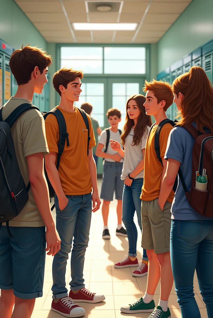 create an art drawing of teenagers interacting in a school setting