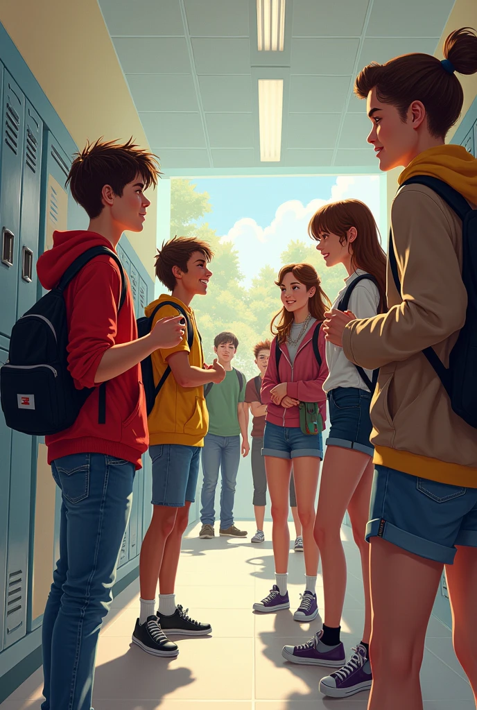 create an art drawing of teenagers interacting in a school setting