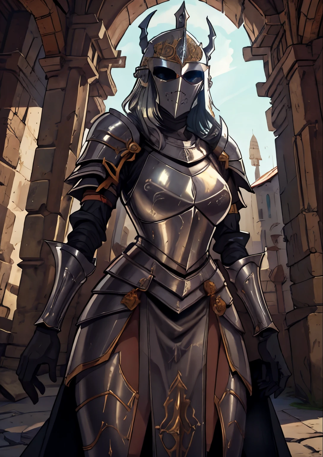 masterpiece, best quality, 1female, solo, medieval knight, helmet, face not visible, medieval armor, face covered, classic medieval helmet