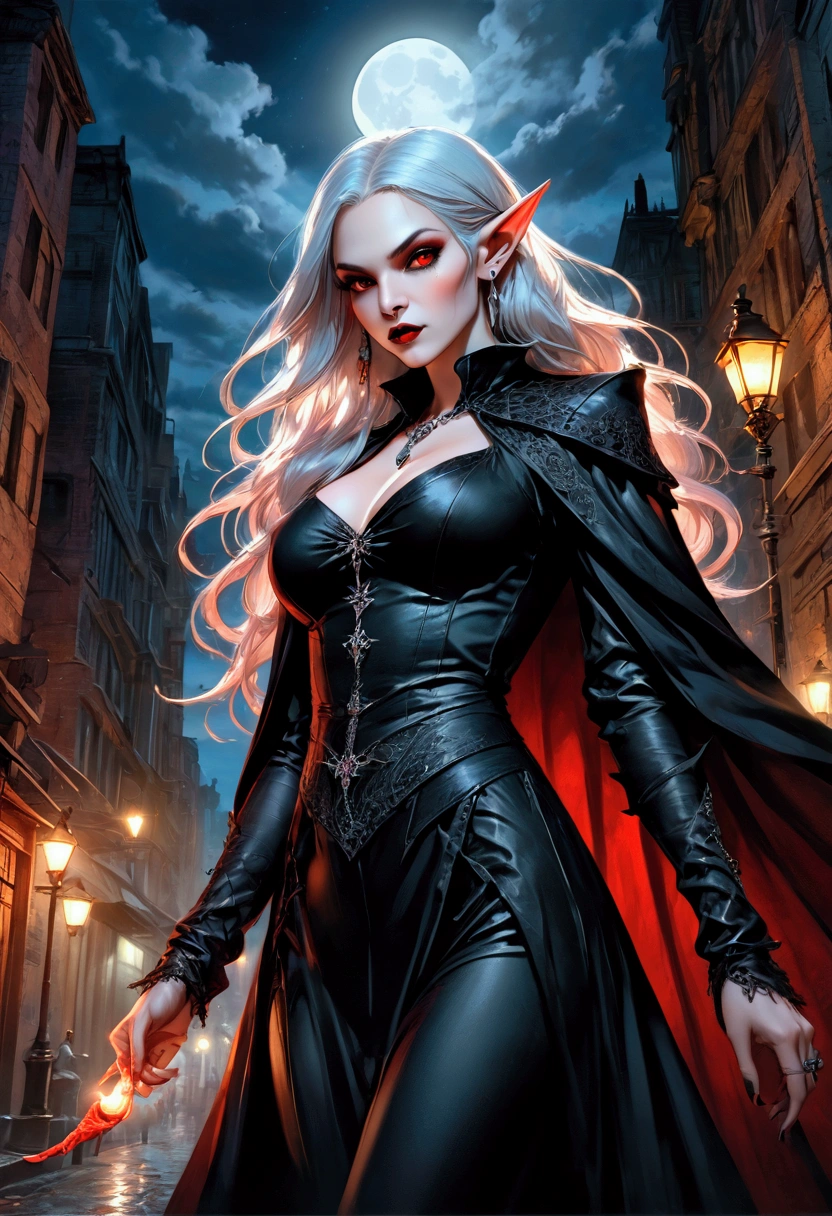 anime comic illustration fantasy art, gothic art, portrait of a female vampire elf, casting dark spell, with a long curvy hair, dynamic color hair, red eyes, busty, Ultra Detailed Face, small pointed ears, blue cloak,  flowing cloak, wearing an intricate black leather dress,  high heeled boots, fantasy urban background, fantasy, at night light, natural ,moon light, clouds, gothic atmosphere, soft light, dynamic light,  high details, best quality, 32k, [ultra detailed], masterpiece, best quality, (extremely detailed), dynamic angle, oil pastel