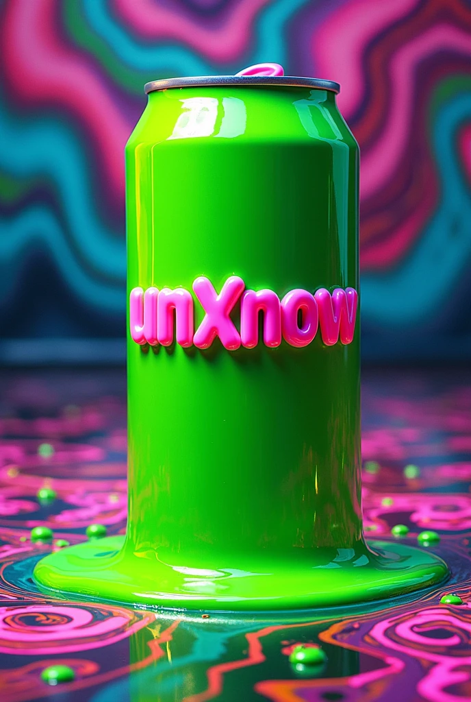Melted psychedelic artwork of a bright green energy drink can with unXnow written in bright pink