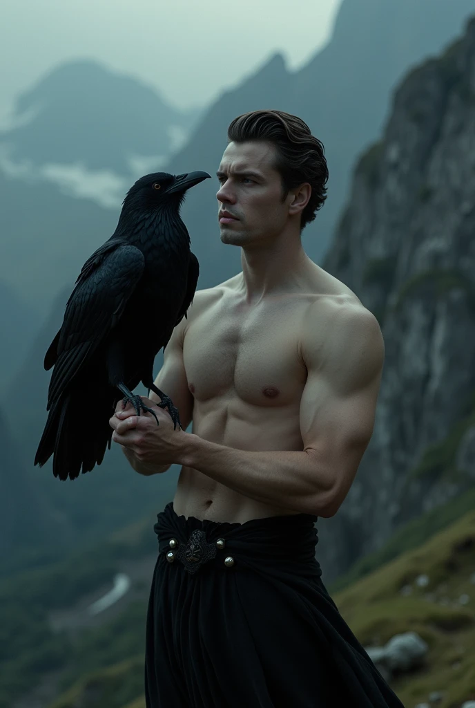 handsome and naked man holding a black raven. Mountains behind of him. Image must be inspired by stories of Edgar Alan Poe. Mistery image.