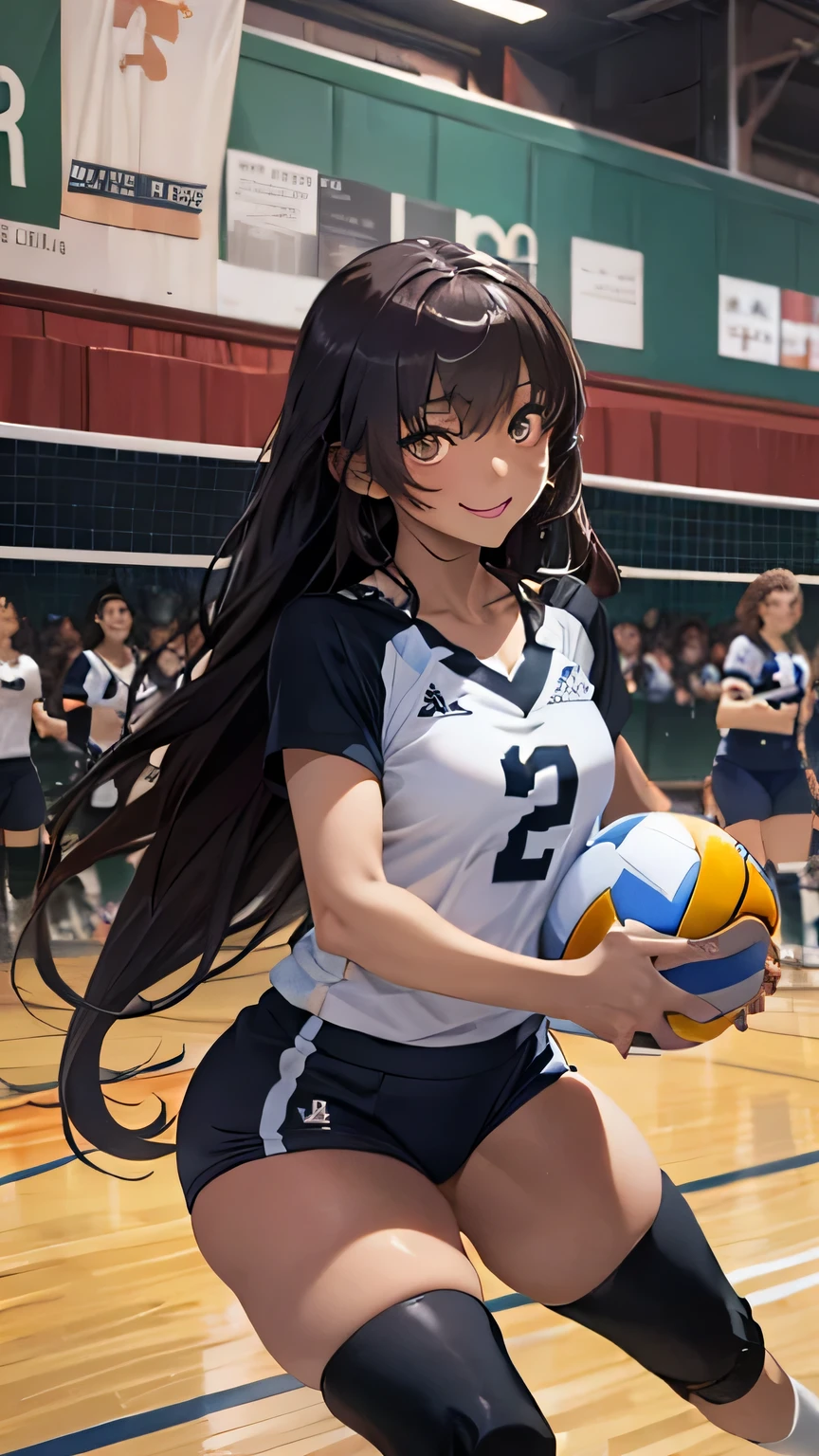 Tabletop, Highest quality, figure, Very detailed, In detail, High resolution, 8k wallpaper, Perfect dynamic composition, Beautiful attention to detail, (Volleyball uniform)、Medium Hair, Natural color lip, Random sexy poses,smile,