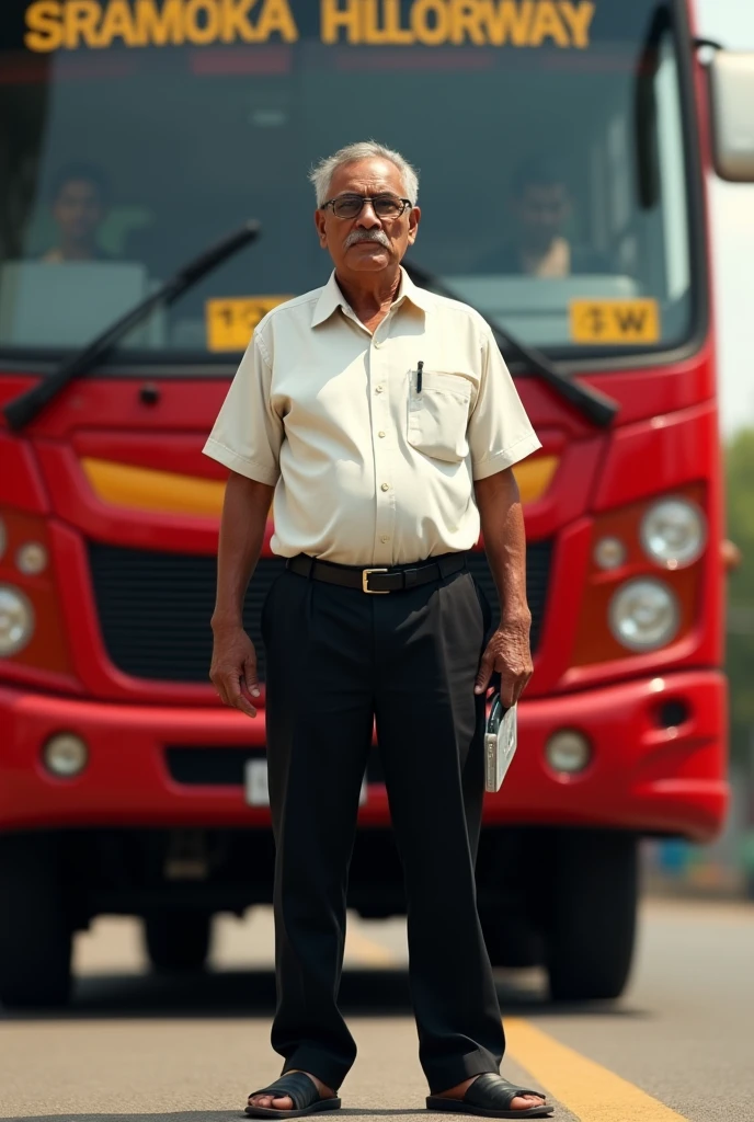 Srilankan middle age bus conductor in front a bus with white shirt ,black trouser, black slippers and ticket machine .leaving the shirt untucked.add red color bus