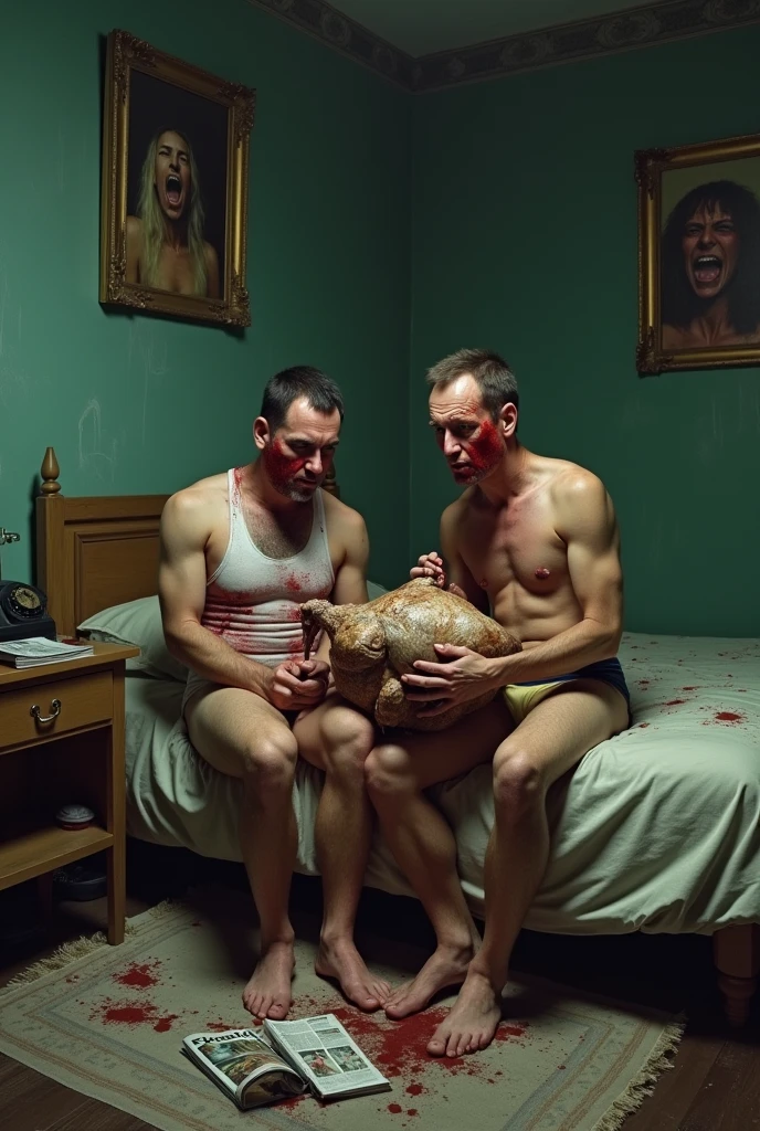 Two midget men with blood on their faces sitting on a bed in a seedy motel room that is scattered with underwear. The lighting is dark. The walls have paintings of people screaming. The bedside table has a old rotary phone that is off the hook. Magazines are scattered on the floor nearby . Both men are wearing a tank top and speedos and holding a turkey
