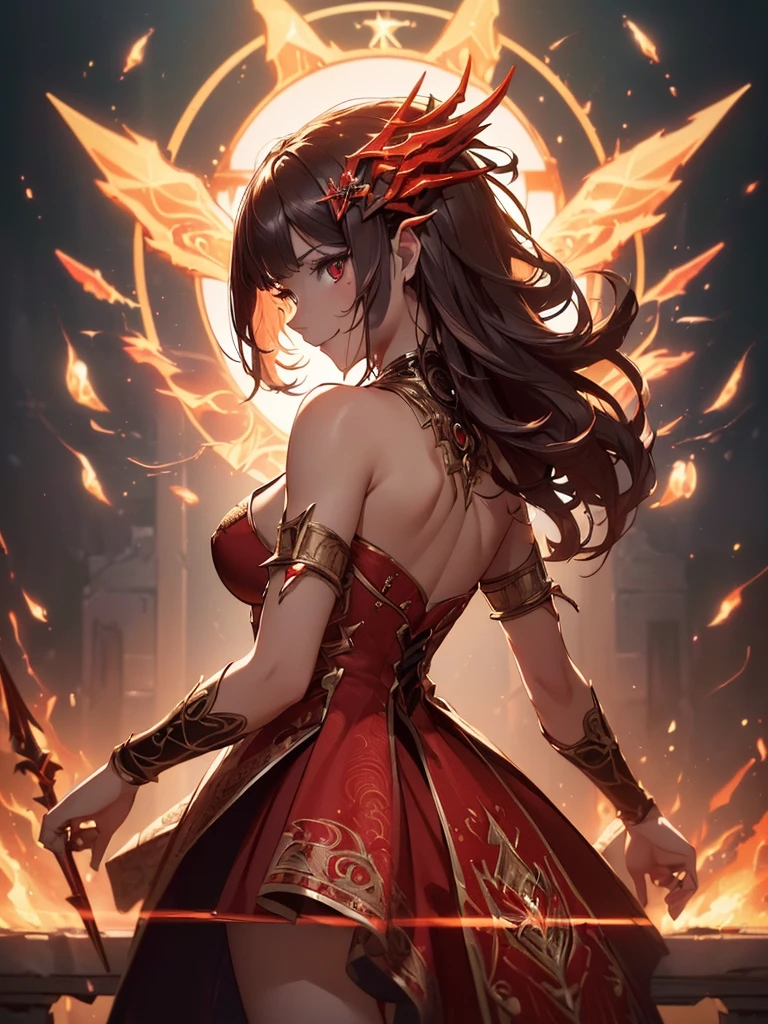 (((best quality, sharp image, clear image, cinematic lighting, 8k resolution, masterpiece, ultra detailed, intricate))) Girl, sorcerer, cute, intricate dress, smiling, fiery red, ((intricate background)), (rune frame), dimension, ((shot from behind)), fire sigils, chaotic background, ((half-body shot))