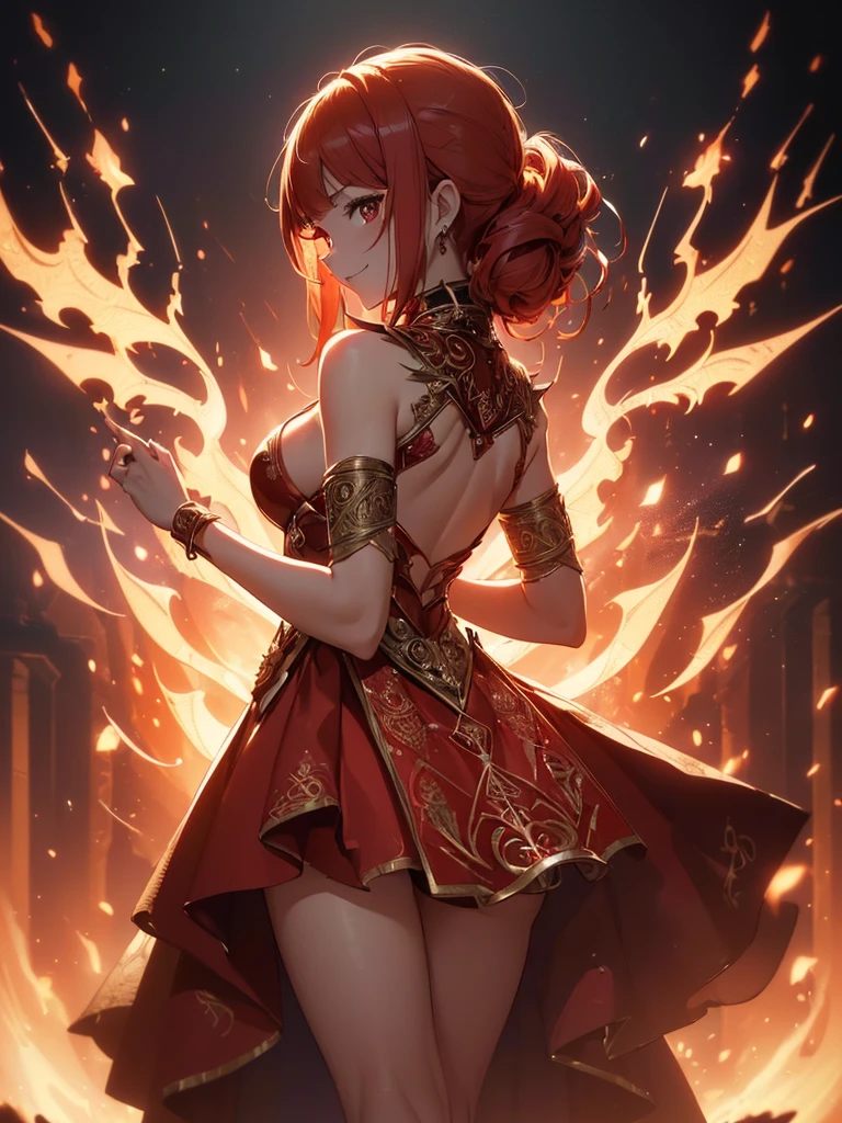 (((best quality, sharp image, clear image, cinematic lighting, 8k resolution, masterpiece, ultra detailed, intricate))) Girl, sorcerer, cute, intricate dress, smiling, fiery red, ((intricate background)), (rune frame), dimension, ((shot from behind)), fire sigils, chaotic background, ((half-body shot))
