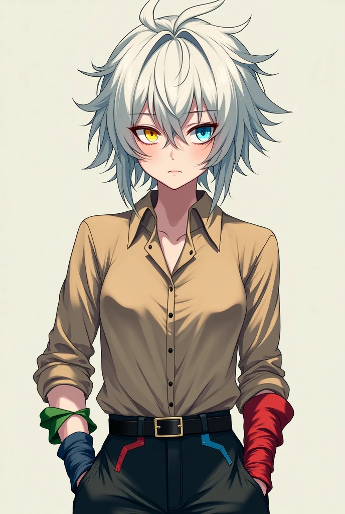 anime with messy white hair, one blue eye and the other yellow,light brown and beige long sleeve blouse black pants with blue and red details, the skin color is white, one glove is red and the other is green, smiling