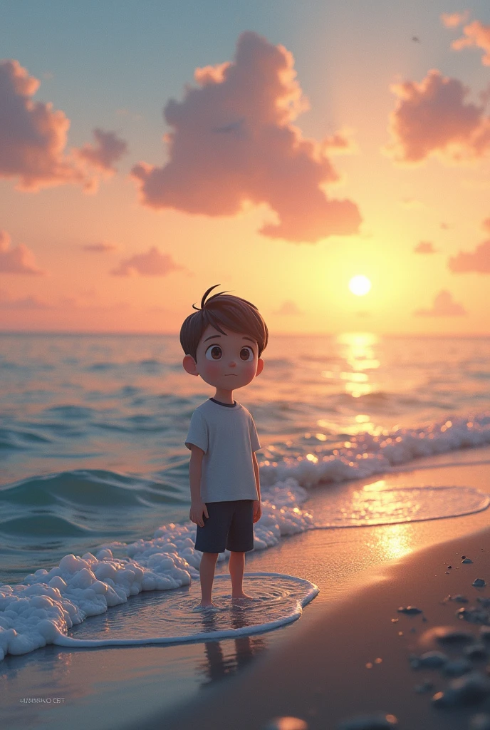A boy standing near see evening time 