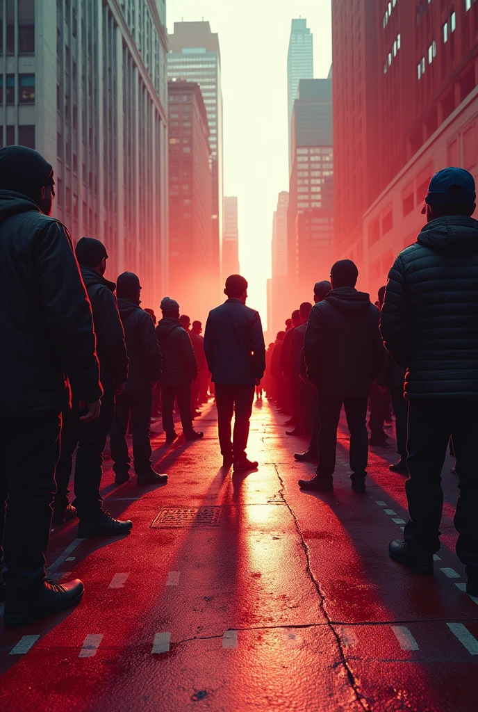  "Design a stark, color-saturated scene where a group of individuals stand in silent protest in an urban environment. The image should evoke the social commentary of Vivian Maier’s street photography combined with Alex Prager’s hyper-stylized, cinematic color schemes.""Incorporate forced perspective to manipulate the perception of size and distance, adding a surreal dimension to the composition."4K, dETAILS,WINNER AWARD