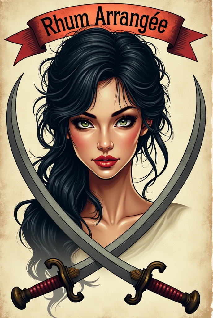 An old label with a sexy female pirate head and two sabers with a rhum arrangé banner at the top
