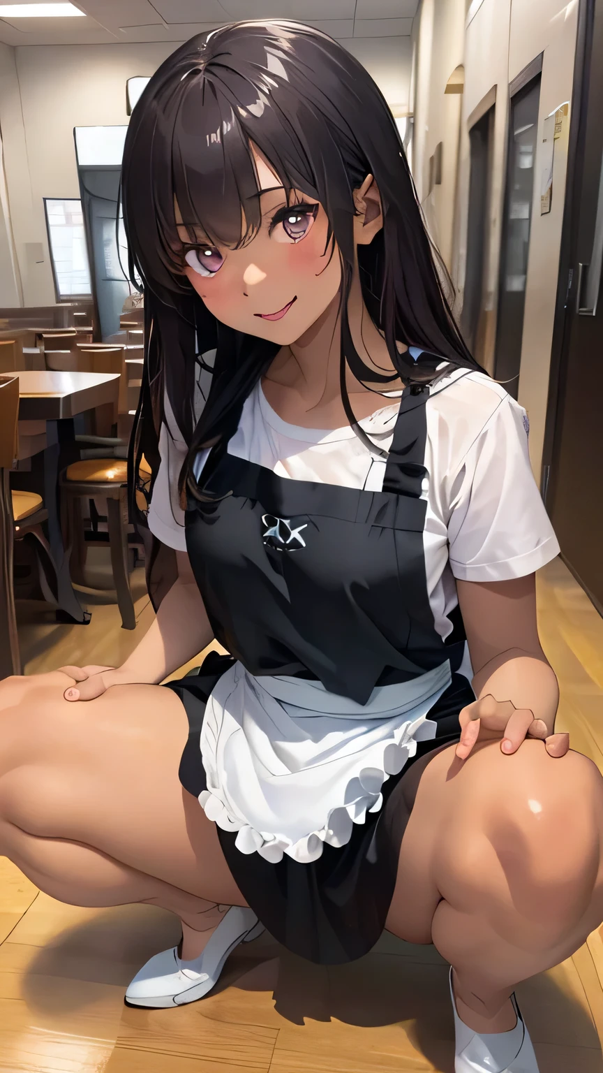 Tabletop, Highest quality, figure, Very detailed, In detail, High resolution, 8k wallpaper, Perfect dynamic composition, Beautiful attention to detail, (Naked Apron)、(Squatting and spreading legs 1.2), Natural color lip, Random sexy poses,smile,