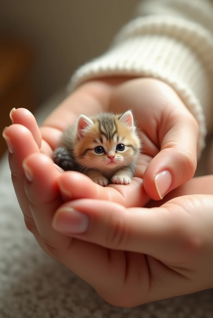 finger size tiny cute cat in human hand