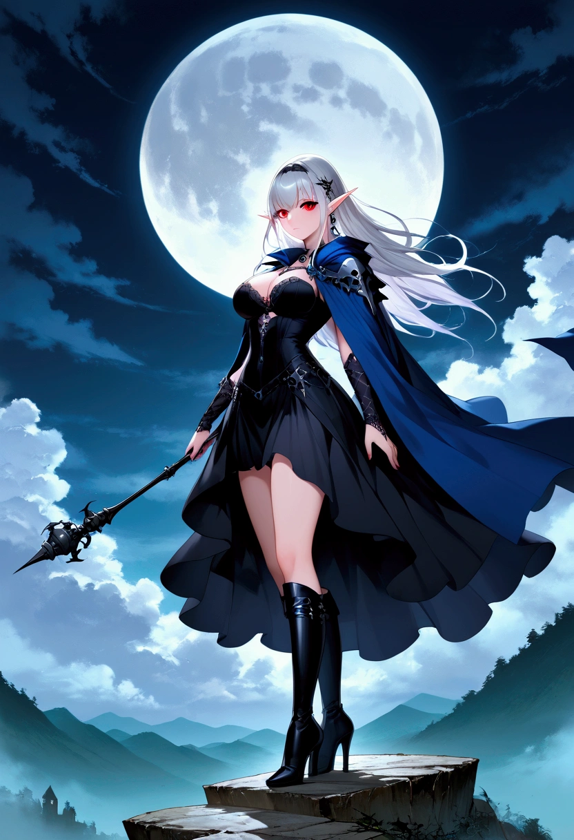 anime comic illustration fantasy art, gothic art, portrait of a female vampire elf, casting dark spell, with a long curvy hair, light color hair, red eyes, busty, Ultra Detailed Face, small pointed ears, blue cloak,  flowing cloak, wearing an intricate black leather dress,  high heeled boots, fantasy urban background, fantasy, at night light, natural ,moon light, clouds, gothic atmosphere, soft light, dynamic light,  high details, best quality, 32k, [ultra detailed], masterpiece, best quality, (extremely detailed), dynamic angle, oil pastel