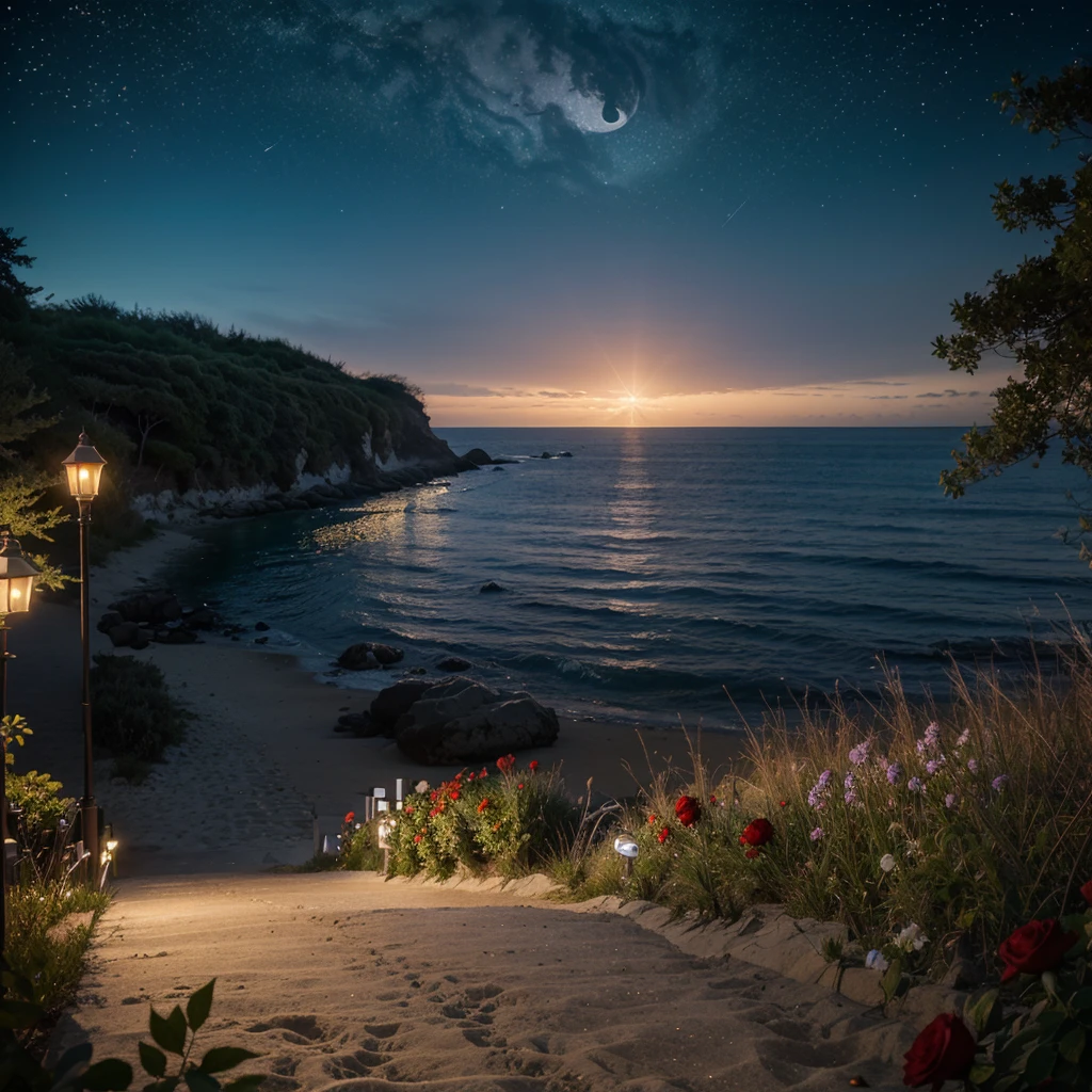 rescent moon is on the sea, and the white beach road is covered with red roses light beads, star , starry sky, fireflies, water bubbles, Miyazaki Hayao style, romantic flowers, 8k HD, CG rendering