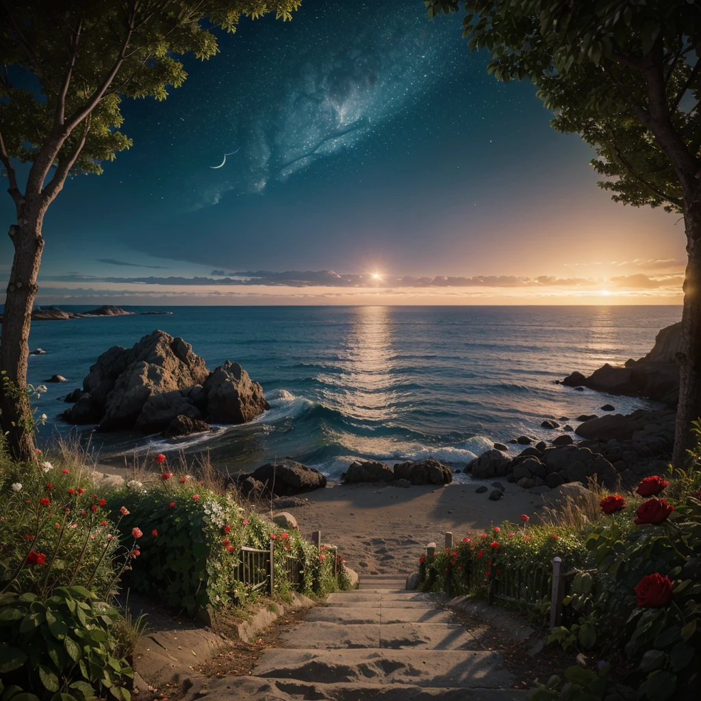 rescent moon is on the sea, and the white beach road is covered with red roses light beads, star , starry sky, fireflies, water bubbles, Miyazaki Hayao style, romantic flowers, 8k HD, CG rendering