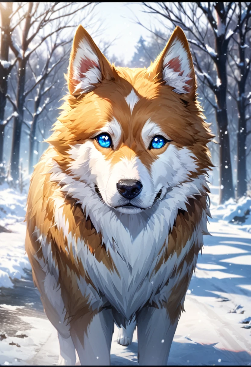 looking at viewer, blue eyes, outdoors, tree, no humans, animal, letterboxed, snow, dog, road, animal focus, winter, bare tree,More details, better quality, more details in the eyes