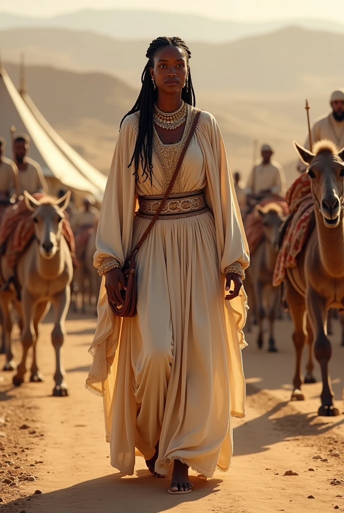 Create a realistic and detailed image of Queen Makeda, the Queen of Sheba, traveling with her grand caravan. The scene should depict a large caravan of camels and donkeys carrying goods, supplies, and gifts. The Queen is surrounded by royal guards, servants, and attendants. Musicians and entertainers are also part of the entourage, providing music and performances. Luxurious tents are set up at a rest stop, with rich fabrics and comfortable furnishings. The landscape should reflect the arid regions of ancient Ethiopian and Israel , with a backdrop of desert and distant towns, her outfit should white brownish cotton dress.