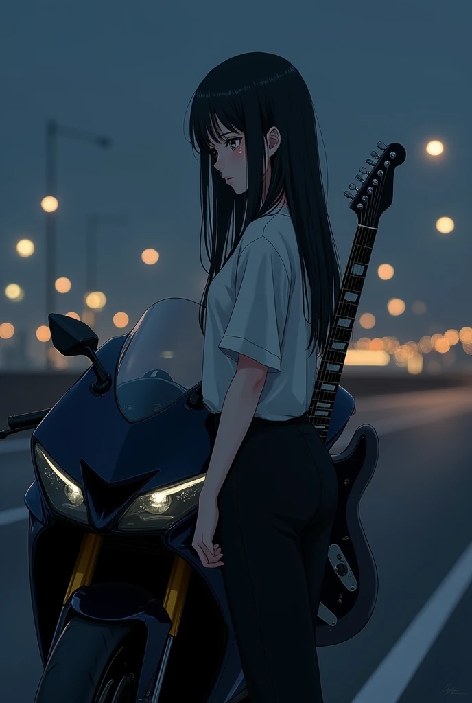 (anime:1.2), beautiful woman, crying, standing next to a black sport bike, holding a black electric guitar, wearing t-shirt, black pants, long straight black hair, high way, city lights background, light skin, light brown eyes, pointed nose, side post, far angle.