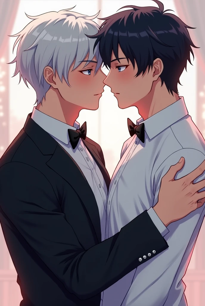 A white-haired, blue-eyed anime man in a white shirt making out with a black-haired man in an evening suit