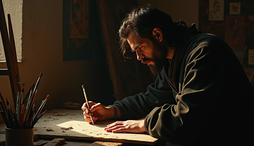 An image of Caravaggio in a Renaissance studio, surrounded by canvases and brushes, with an intense expression while working on one of his works. Dramatic lights partially illuminate your face, highlighting the contrast of light and shadow, symbolizing his artistic style."
Renaissance era 
