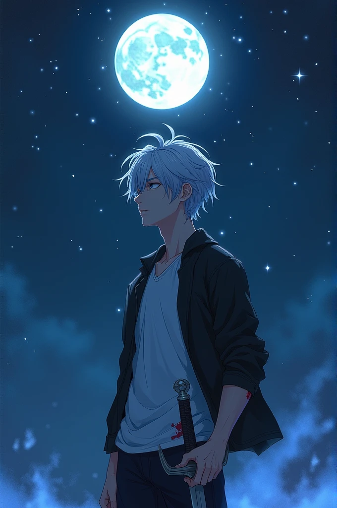 A silver haired boy, watching the moon, on a starry night, silver eyes, white t-shirt with a black jacket, His right arm is bleeding as he holds his sword, has a blue fire aura,