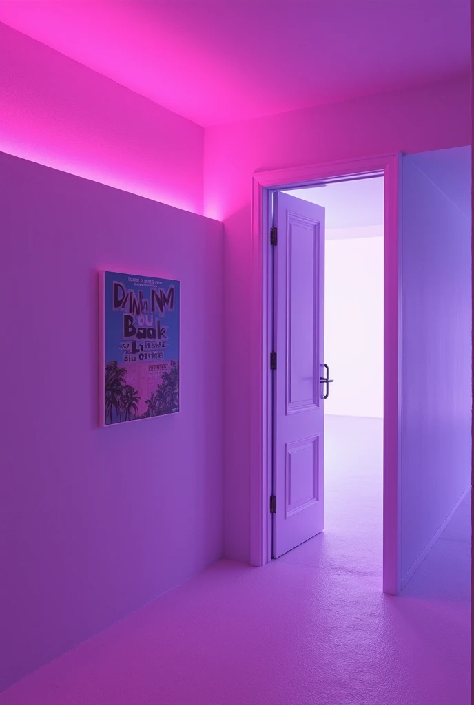 documentary photography,  dark room,  graphic door sign,  purple wall accents,  pink lighting effect,  eye-level shot,  three-quarter view,  natural lighting,  within the virtual realms of a digital utopia,  dynamic angle,  (neutral colors:1.2),  art,  (hdr:1.5),  (muted colors:1.1),  (pastel:0.2),  hyperdetailed,  flat color scheme,  hdr,  80s music clip background,  shot on Sony A1 with Sony FE 20mm f-1.8 G,  photo by David Bailey  