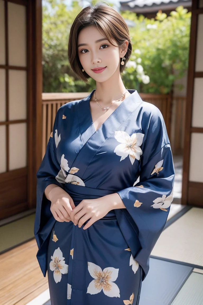 best quality,8k, Detailed facial depiction, detailed description of eyes,A woman, light brown hair(short hair),beautiful japanese girl,2,Cute eyes,Lovely smile,Yukata beauty,Dark blue floral pattern yukata,Slender figure, Large target, plump breast size, long and beautiful legs,Smiling, colorful earrings,necklace,Standing,beautiful nape,Summer Day Festival