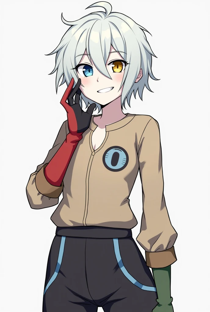 anime with messy white hair, one blue eye and the other yellow,light brown and beige long sleeve blouse black pants with blue and red details, the skin color is white, one glove is red and the other is green,Grinning