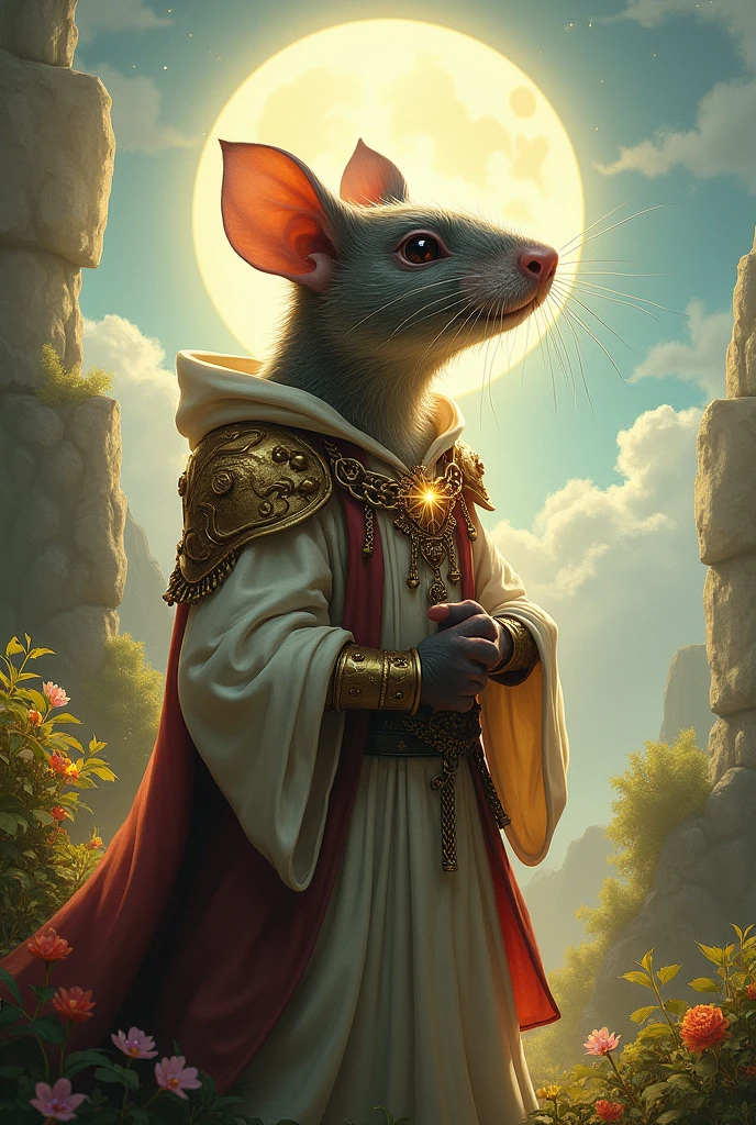 A Pathfinder-style Ratfolk of the Priest class with the aim of vivifying Desna with light chainmail and leather.
