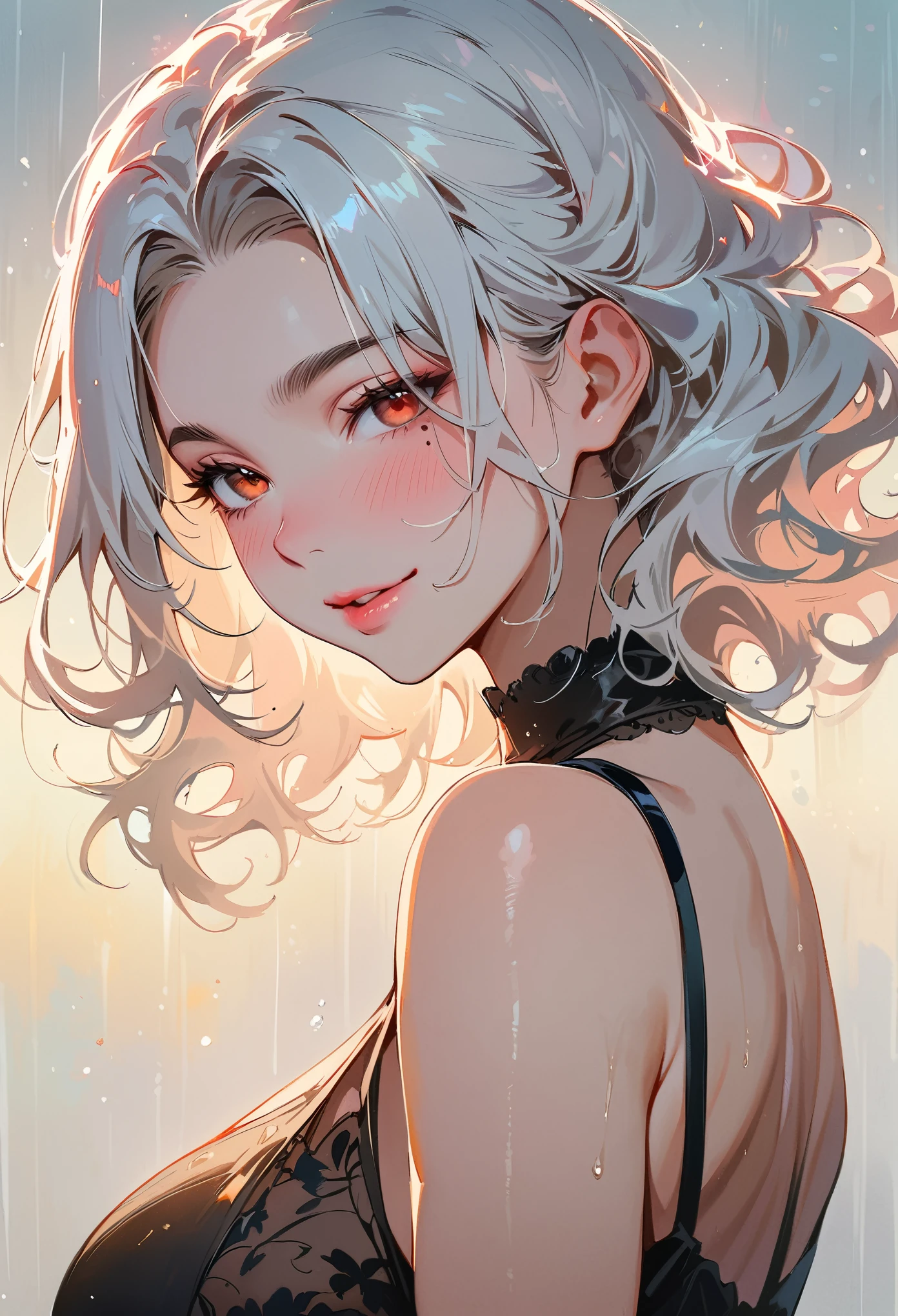 (masterpiece, best quality:1.4), 1 girl, 独奏, Blood red pupil, Delicate pupils, Blurred eyes, Close your left eye, Smile,Tilt your head back 45 degrees, Right tear mole, (White coiled hair:1.2), Shiny hairstyle, huge breasts, Mini Girls, Backlight, Rainy Day, Black Tulle Tulle Dress, Works by top portrait painters, Black and white gradient background.