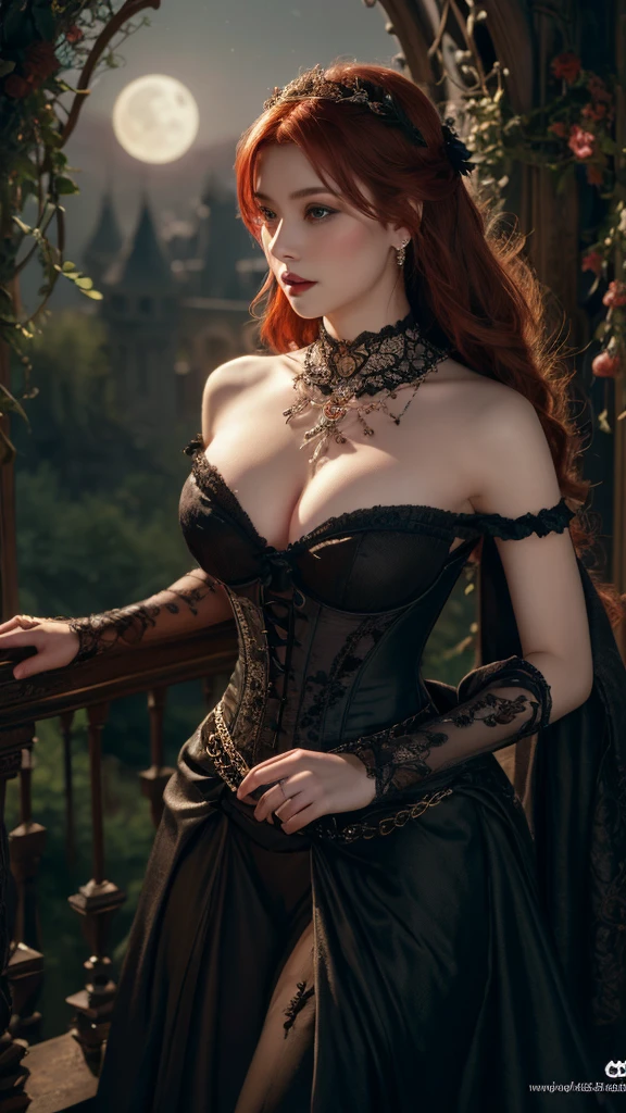 A beautiful redheaded Asian young girl, intricate gothic black 1860's dress and corset, extremely long, smooth, extremely silky hair, very large breasts, detailed lingerie, many silver chains, moon light, dark gothic makeup, dramatic lighting, rich colors, extremely detailed, 1890s clothes, magical fantasy atmosphere, concept art, panorama, high resolution, Lengerie, detailed face with beautiful eyes and lips, photorealistic, fantasy, dark academia, 1890, dramatic lighting, rich colors, red hair, intricate details, dark girl, long very very very silky hair, lengerie elegant elf dress, very big tits, dense forest, no sunlight, detailed face and eyes,(best quality,4k,8k,highres,masterpiece:1.2),ultra-detailed, 1890 clothes (realistic,photorealistic,photo-realistic:1.37),magical fantasy atmosphere,fantasy,concept art