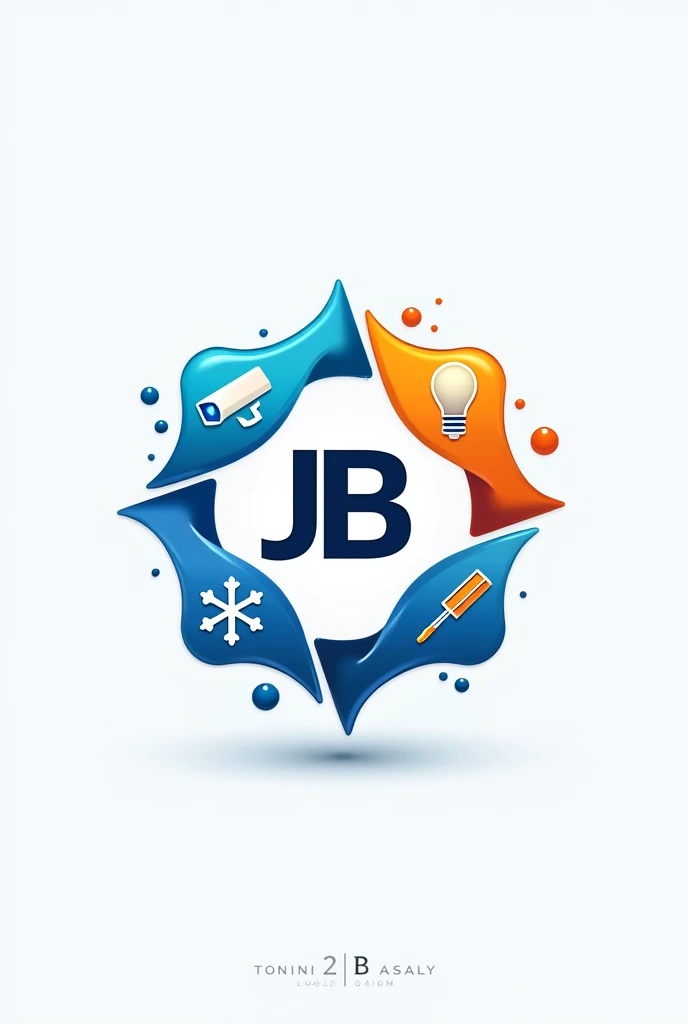 logo type with a rotating shield like drops of water divided into 4 drops, one with security camera, a snowflake, an electric lamp, a screwdriver, jb must be between the letters