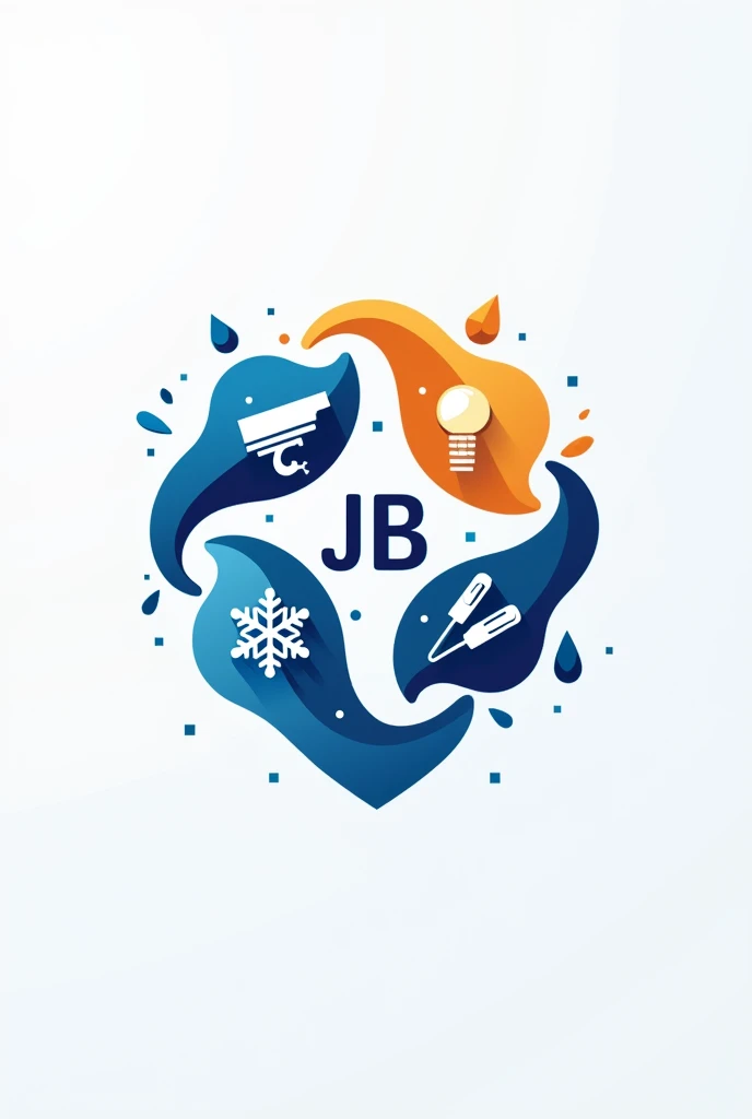logo type with a rotating shield like drops of water divided into 4 drops, one with security camera, a snowflake, an electric lamp, a screwdriver, jb must be between the letters
